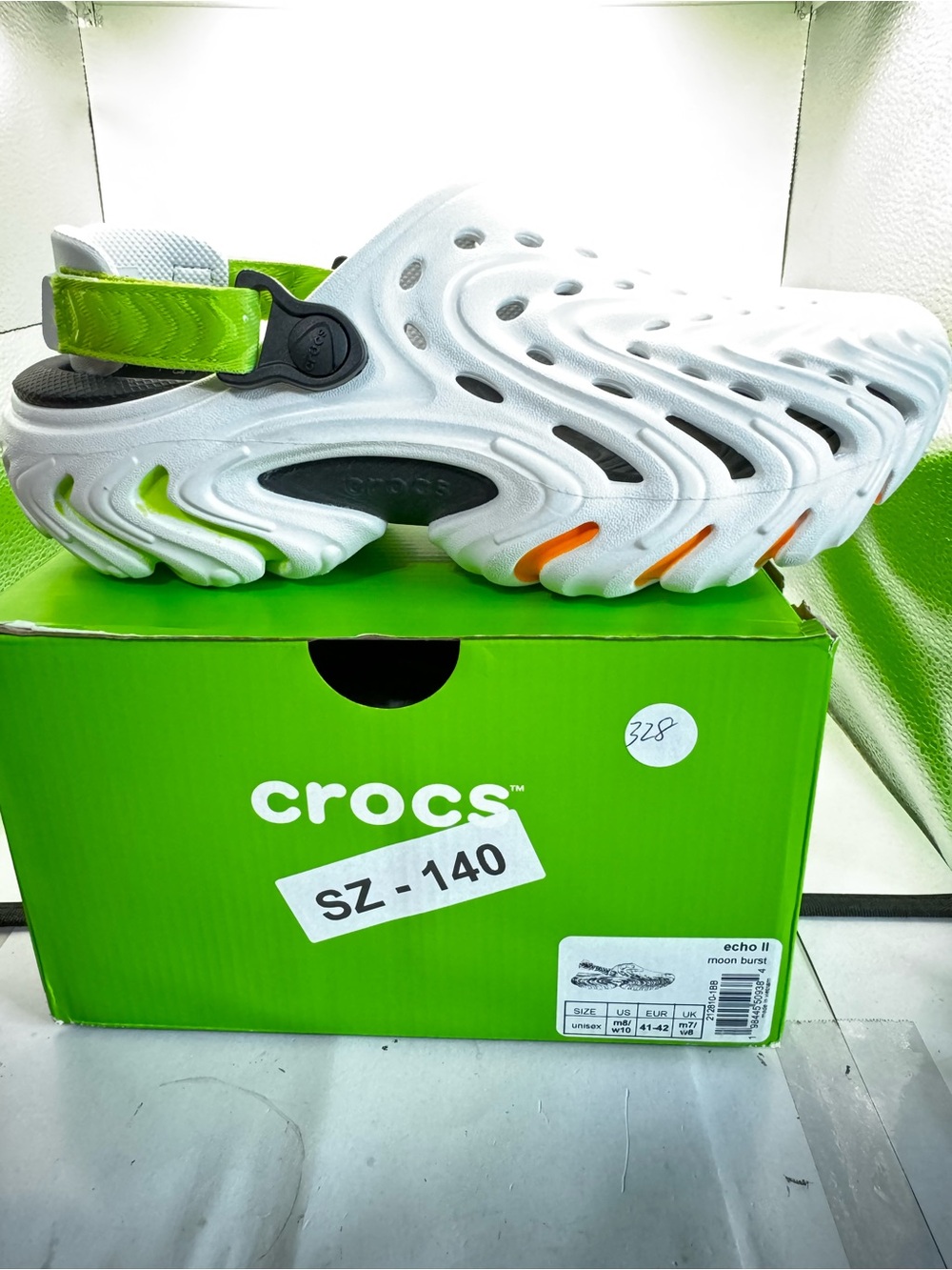CROCS mens Echo II Clog in White with Neon Green Strap and Orange Accents